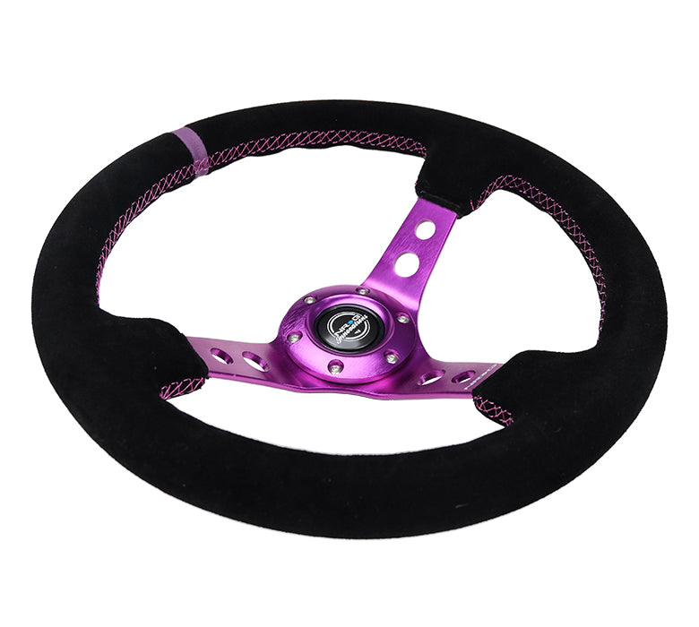 NRG Reinforced 350mm 3D Deep Dish Suede Steering Wheel With Horn Button - Black